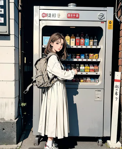 (1 girl) 、Create an " Standing in front of a vending machine in a back alley" scene where a beautiful dark gray-eyed Japanese young highschool girl .silver color highlight hair,ash brown color hair,


 、Droopy eyes、 (plump skin:0.8) 、Streetscape drawn down...