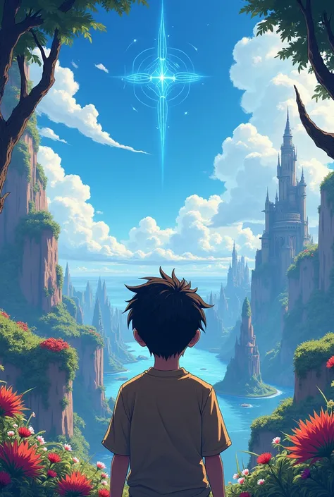 Back view of an anime boy looking at a fantasy world