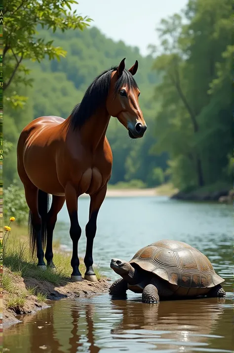 Horse and tortoise in River side realistic photo 