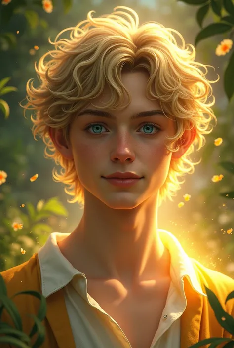 A 22 year old masculine faerie lord with kind, bright blue eyes; a soft smile; dirty blonde curls; chiseled wide jawline; a golden aura around him 