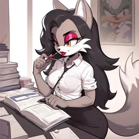 nfsw, Sonic the hedgehog series style, Female Miles Tails Prower, Miles Tails Prower, Female, long hair, 2 Fox tails, medium sized breasts, businesswoman attire, makeup, lipstick, solo, 1girl, office background, Mobian