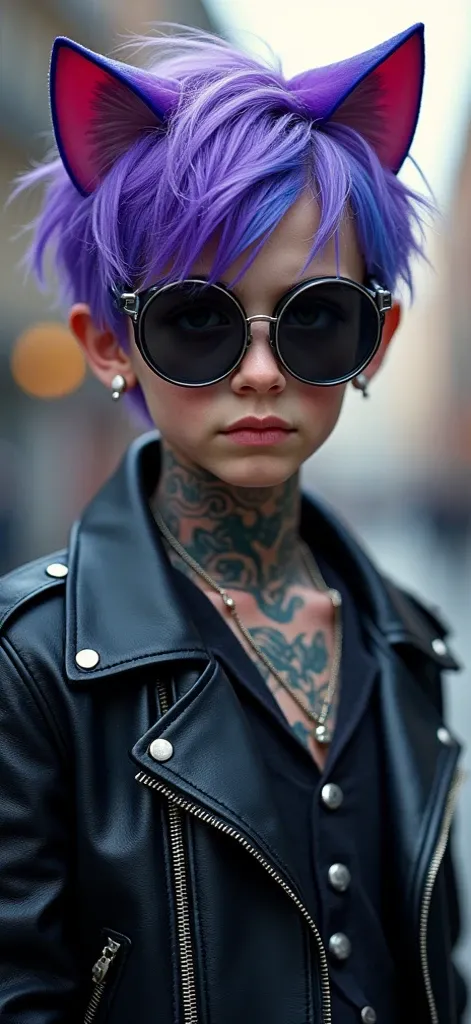 a cute guy with purple and blue hair, streaked hair, short hairstyle, wearing googles and a leather jacket, colorful tattoos, detailed accessories, ([cat tail and ears]:1.3), (intricate details), hdr, (intricate details, hyperdetailed:1.2), cinematic shot,...