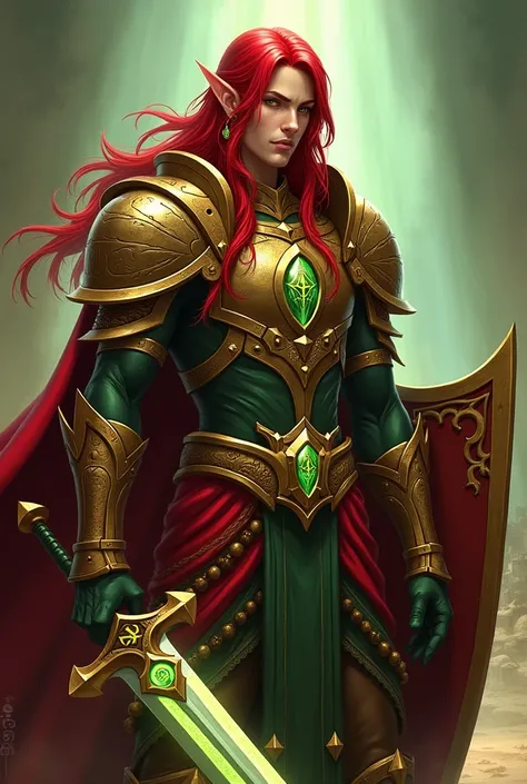  Design the image of a blood elf champion with a majestic bearing and an imposing presence.  The character must have shining armor ,  adorned with gold details and emblems that symbolize their loyalty and honor .  Her hair is long, of a deep red, and falls...