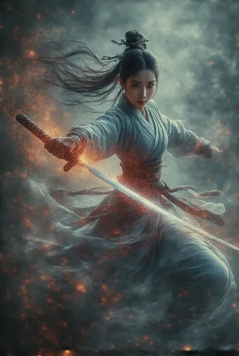 a female korean warrior jumping in mid air, wielding a samurai sword, detailed intricate armor, intense dramatic lighting, cinematic high angle view, epic fantasy, vivid colors, dramatic, (best quality,4k,8k,highres,masterpiece:1.2),ultra-detailed,(realist...