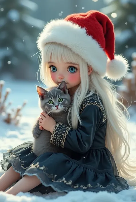 Prompt, The image  of a young girl with long white hair and blue eyes. She is wearing a black dress with gold accents and a white Santa hat with a red pom-pom on top. The girl is sitting sideways in a snowy landscape with trees and bushes in the background...