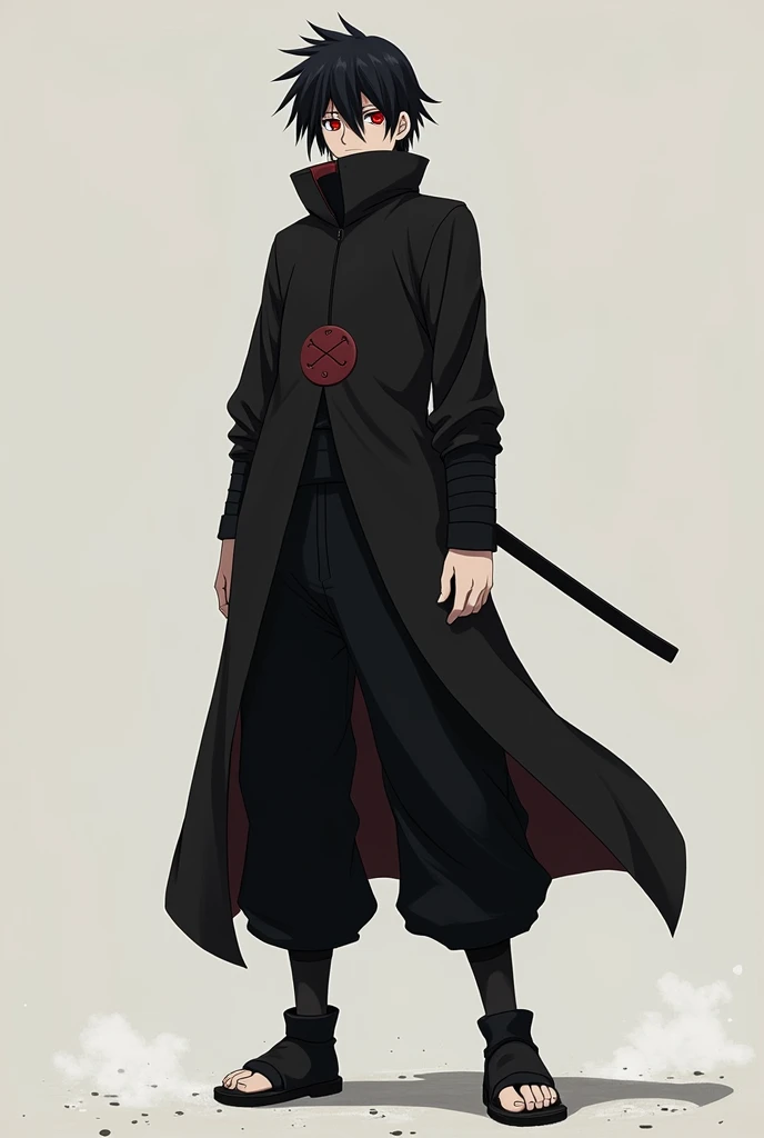  make a fictional male character , in the style of the anime Naruto,  hes a Uchiha and has his two Sharingans,  her hair is black and short , his outfit is totally black, And your sneakers are black , he is , Do him standing up and looking older 