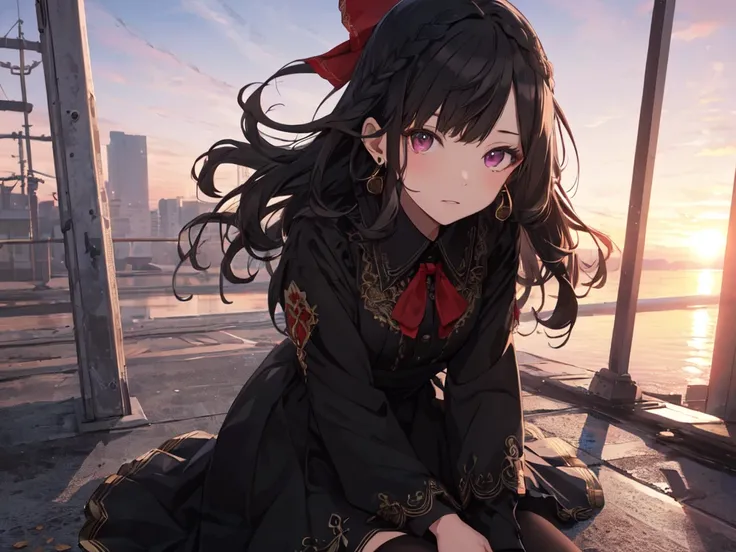 Solo, Girl, (Human ears, Short stature), (Earrings), (Black hair, Long hair, Curls, Vertical curls in front of bangs), (Hair tie, Hair tie at the back of head with big red ribbon), (Girl sitting on ground hugging knees), (Cool facial expression, Heavy make...