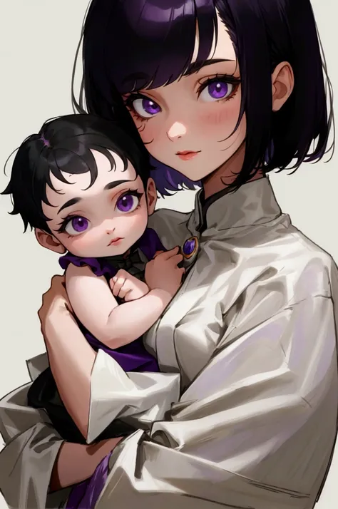 She is 24 years old, purple eyes, short black hair, holding a 1 month old baby.