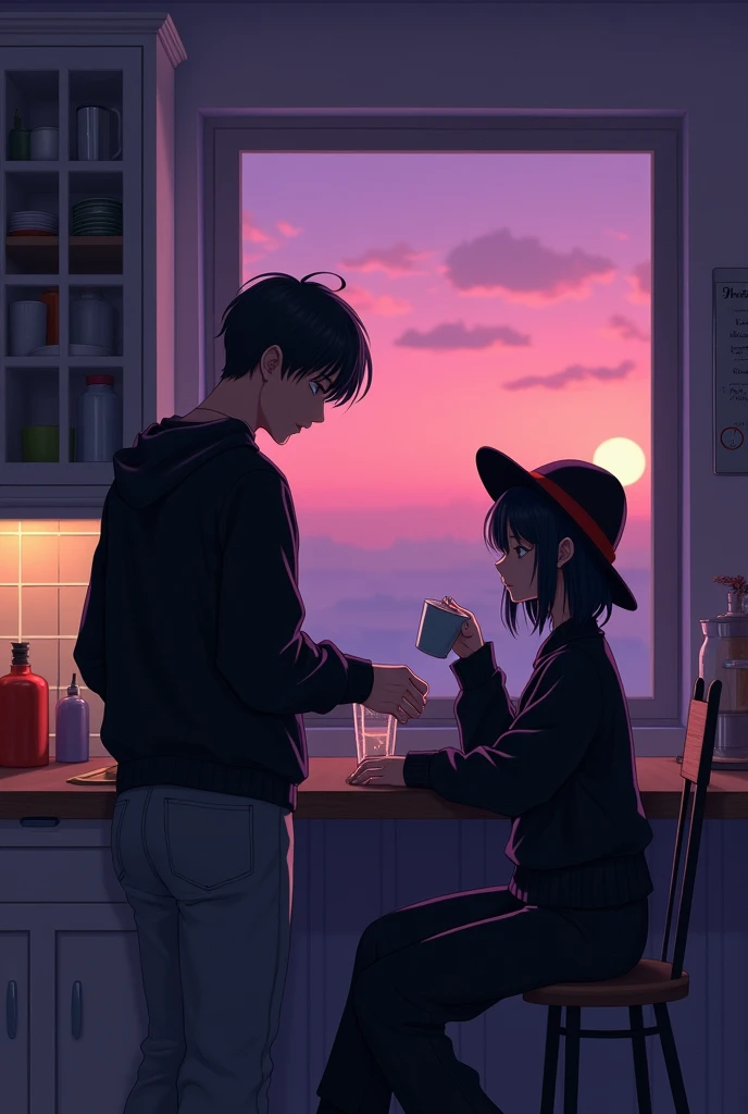  realistic anime style,  a man wearing a black sweatshirt and gray pants ,  preparing coffee standing ,  on the table next to her her roommate ,  a Gothic style girl ,  short black hair with a black hat , And black pajamas ,  is sitting drinking coffee ,  ...