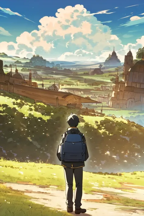 Back view of an anime boy looking at a fantasy world , adult , wearing school uniform , wearing a backpack.