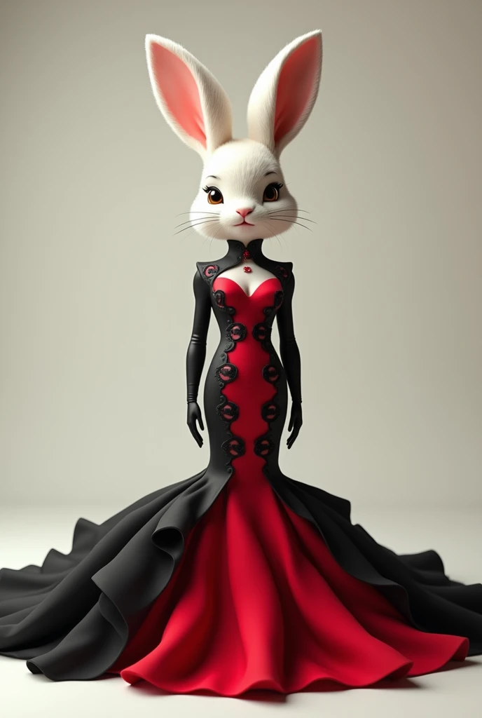 . Bunny wearing trendy, red and black mermaid-style wedding gown with long, flowing train and daring, cut-out details.