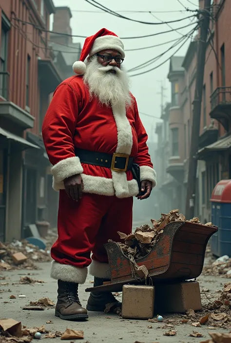 African black santa clause. Standing next to his sleigh in an inner city. The sleigh is up on cinderblocks and parts are stolen off of it