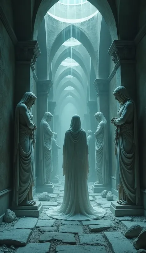 Cold, ethereal light bathes the somber statues that adorn these sacred halls, each whispering tales of loss, rebirth, and the eternal cycle. Here, Persephone reigns, the queen of shadows, where life and death converge in an endless dance, and the air is fi...