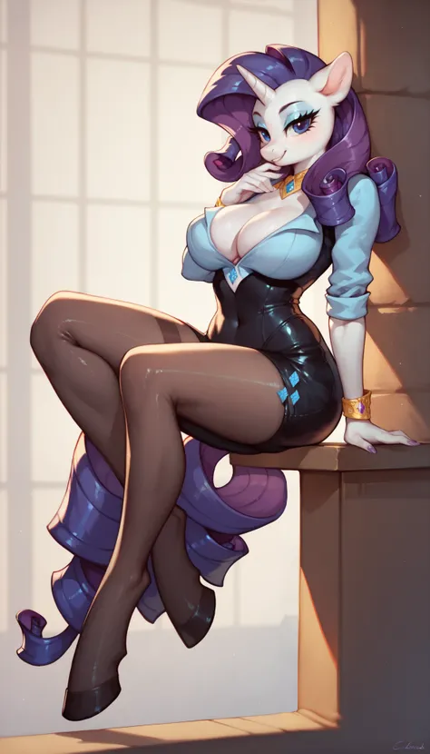 score_9, score_8_up, score_7_up, Rarity, mlp, anthro, 1girl, purple eyes, solo, curly top hair with curly hair strands on the side, tight body suit pantyhose, large breasts, cleavage, jewellery, 1girl, solo, full body, hooves