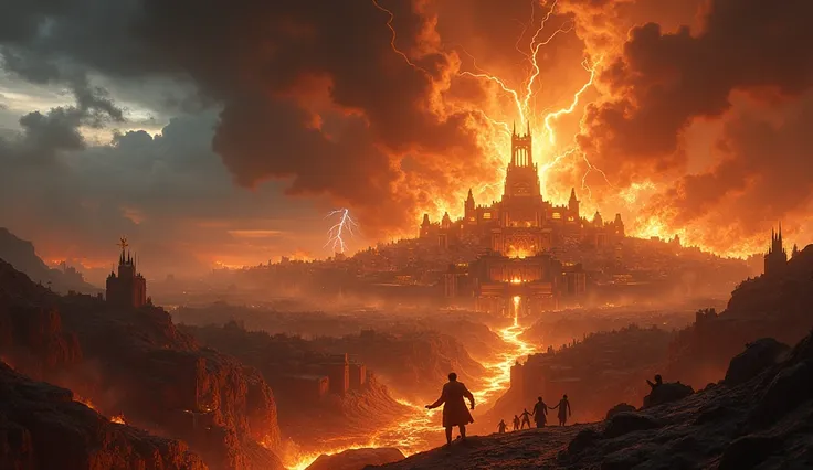 . A dramatic scene depicting the fall of Babylon ,  symbolized as a large city on fire , crumbling under divine judgment .  The city is surrounded by dark clouds ,  lightning and angelic figures overseeing its destruction.  In the foreground, rivers of fir...