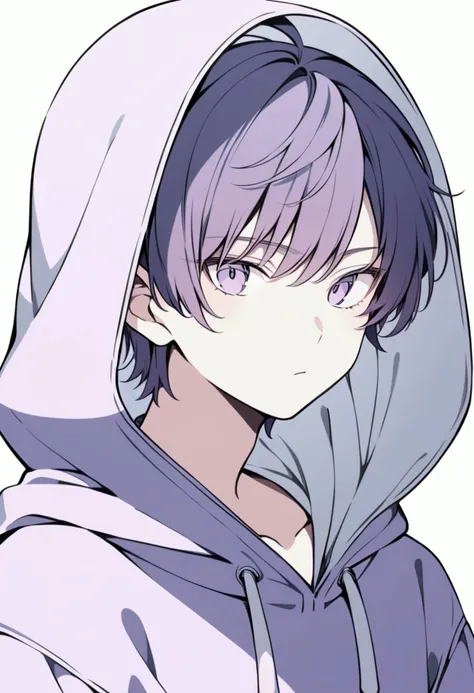 Young man with short hair and hooded hood, white and light purple color scheme, colored pencil drawing style