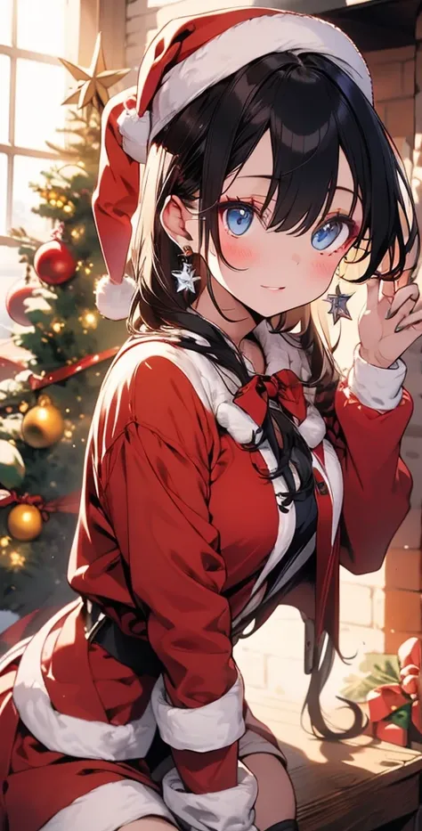  high definition ,  best quality ,  high detail ,  high quality ,  Ultra high definition ,  girl  ,  straight hair , Breasts, earrings,  blue eyes , makeup, Light blush, scarlet lips,  Cowboy shooting, Christmas hat , santa claus costume,  Christmas tree ,...