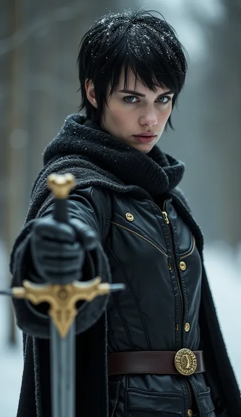 a woman,  a beautiful warrior with American beauty , Short black hair in a cut Channel , gray eyes,  Snow White Skin ,  holding an all-black and gold sword , in attack position.  Must wear a cold black Russian outfit with leather gloves