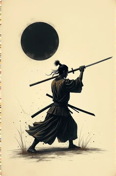  Minimalist Japanese-style engraving with a samurai swinging a katana side view, colors black , beige (bronze) ,  grey and a few more muted ,  the sun is shown as a black circle 