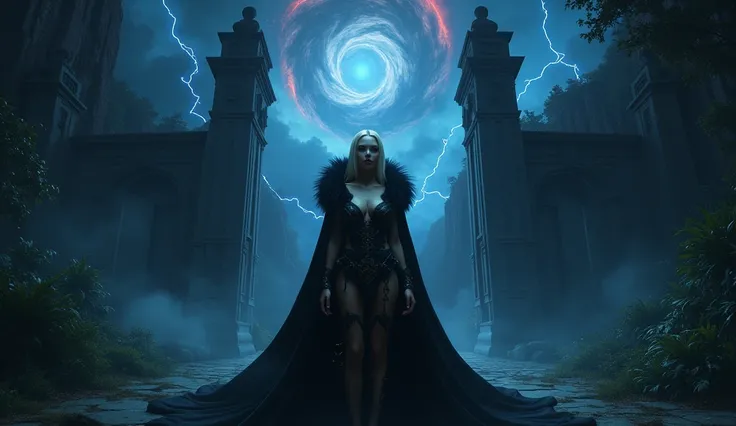 In this masterpiece, a stunning (Clara Morgane in sexy reaper cosplay:1.3), stands at the center of the frame, radiating an aura of mystique and beauty. The ultra-detailed 4K image presents her in front of a (black mana swirl:1.3) framed by the (huge gates...