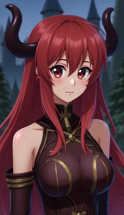 detailed background,uncensored,glistening skin, shiny skin,smooth skin, 1girl,fafnir_g, red hair, long hair, red eyes, large breasts outline,tanned skin, horns,armor,armored top,symmetrical buttons, bare shoulders,collar,portrait,close-up view,depth of fie...