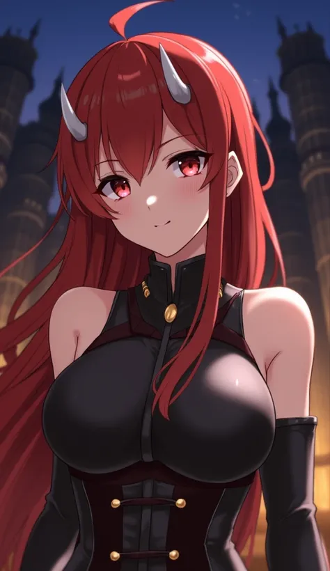 detailed background,uncensored,glistening skin, shiny skin,smooth skin, 1girl,fafnir_g, red hair, long hair, red eyes, large breasts outline,tanned skin, horns,armor,armored top,symmetrical buttons, bare shoulders,collar,portrait,close-up view,depth of fie...