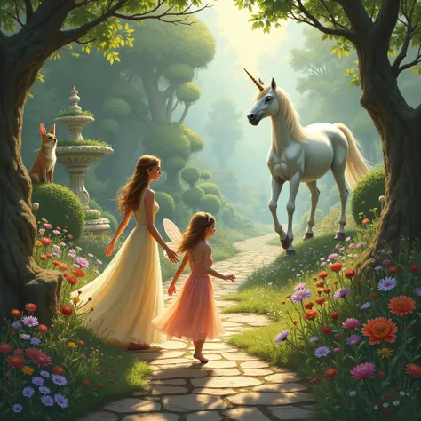 princess and fairy set out a journey through in the magical garden and saw magical creature such as talking animal and unicorn