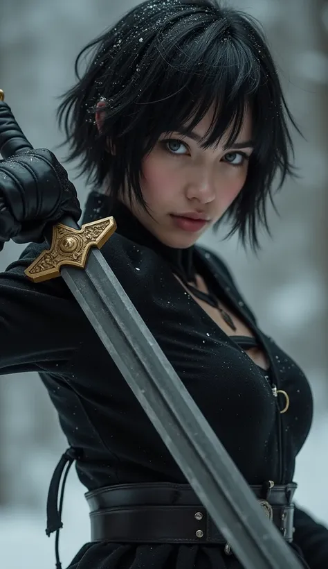 a woman,  a beautiful warrior with American beauty , voluminous short black hair , gray eyes,  Snow White Skin ,  holding an all-black and gold sword , in attack position.  Must wear a cold black Russian dress and leather gloves.