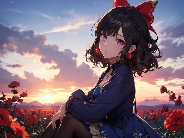 Solo, Girl, (Human Ears, Short Height), (Jewelry Earrings), (Black Hair, Long Hair, Curls, Vertical Curls in Front of Bangs), (Flower Hair Ornament, Hair Tie at the Back of Head with Big Red Ribbon), (Girl Sitting on Ground Hugging Knees), (Cool Expression...