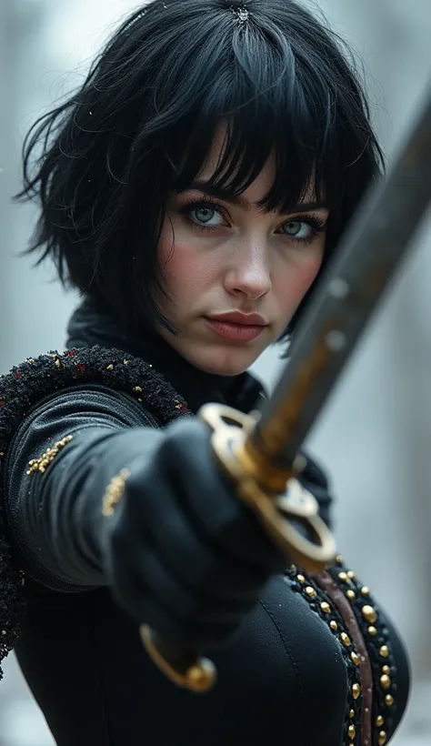 a woman,  a beautiful warrior with American beauty , voluminous short black hair , gray eyes,  Snow White Skin ,  holding an all-black and gold sword , in attack position.  Must wear a cold black Russian dress and leather gloves.