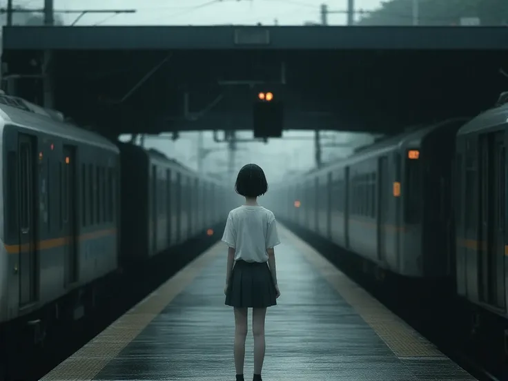 High school girl, train station, platform, alone, Japanese woman, back view, rain, Osaka Loop Line , mini skirt, view of woman from next platform, short hiar,