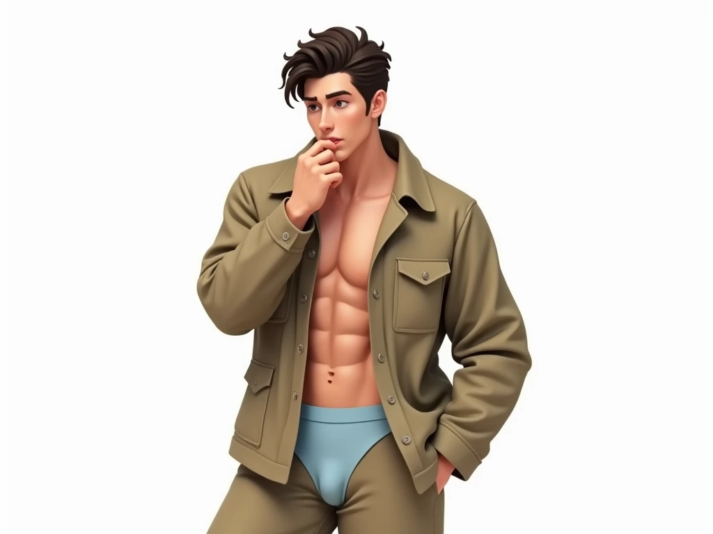  A man wearing a khaki jacket 、 with light blue underwear and khaki long pants， gently holds the chin with the other hand ，The other hand holds the arm ，, lean back slightly ， head slightly lowered ，Focused eyes， pat the corners of your mouth slightly ， sh...