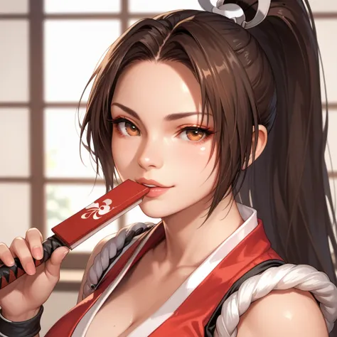 A close up of a Mai Shiranuis face, seductive face