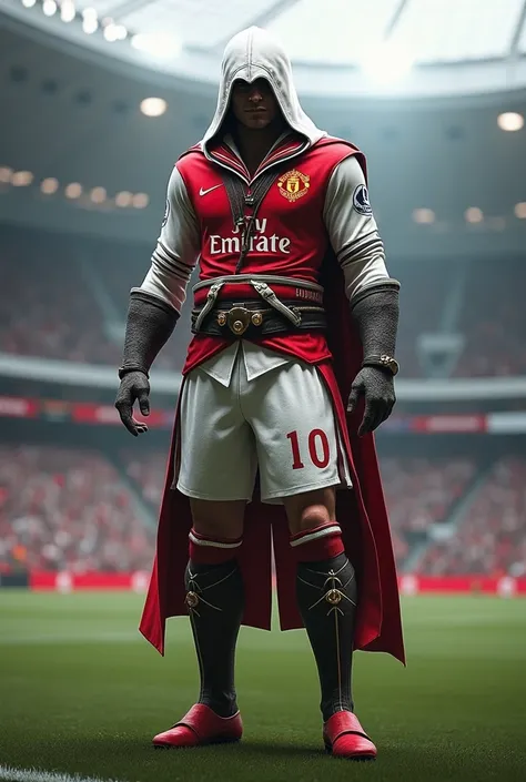 Assassins creed in football jersey.full body.red boots. Fc Manchester United jersey