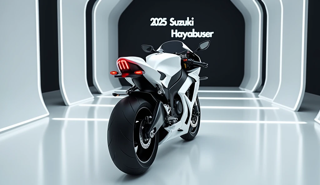 A captivating and futuristic image of the2025 Suzuki Hayabusa  bike takes center stage in a luxurious white showroom. The bike is painted in a striking vibrant White aerodynamic design with bold accents that highlight the cutting-edge innovation and techno...