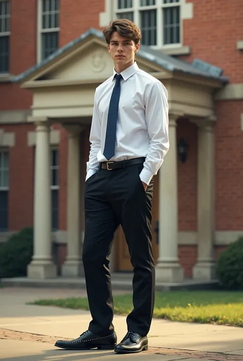 "A realistic portrait of a young man standing in front of the college. He is wearing a white long-sleeved student shirt, black slacks, a blue tie and black studded shoes. The background is college.