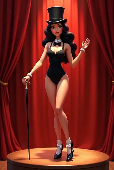 Beautiful Girl in her 20’s long beautiful wavy black hair, red stage with curtains, Wearing a black bodysuit leotard. Pixar style, black Mary Jane tap shoes, with white socks, while tap dancing, white bows on the front part of her tap shoes, black top hat ...