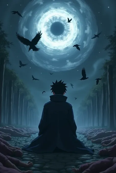  the night the Uchiha Clan was destroyed ， crows circling in the air ， Sasuke knelt down on his legs and opened the kaleidoscope to write in a wheel eye， The house was  ，Countless dead 