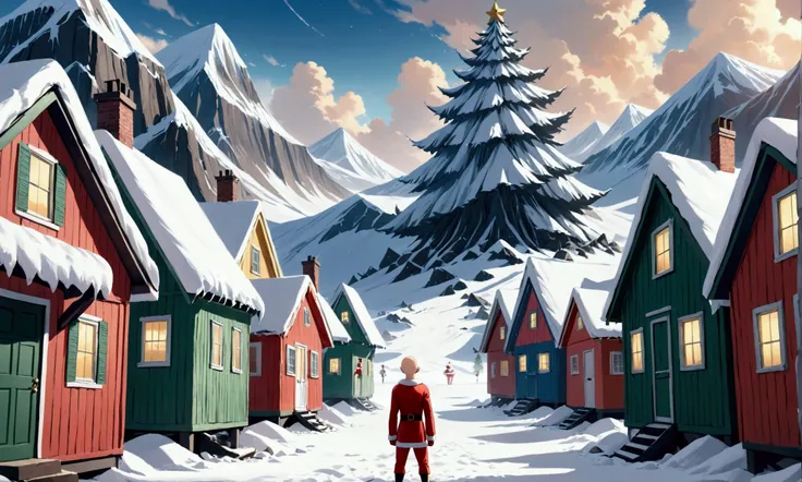 One Punch Man, Saitama, Christmas themed pajamas, embarrassed and apologizing to Santa, Santas village in the north pole, many wrecked elf houses. Santa is furiously writing