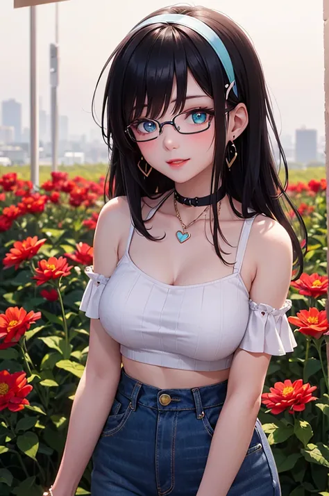 A beautiful girl posing in front of a field of flowers, anime girl, (20 years old girl:1.3), (aged up), looking at viewer, garden, white crop top, ruffle crop top, off the shoulder, cleavage, blue jeans, big rounds breasts, perfect body, dark brown hair, l...