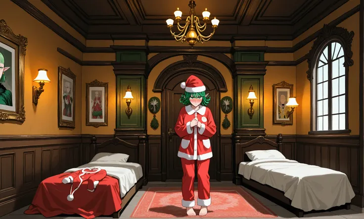 One Punch Man, Saitama, Christmas themed pajamas, embarrassed and apologizing to Santa, Santas village in the north pole, many wrecked elf houses. Santa is furiously writing
