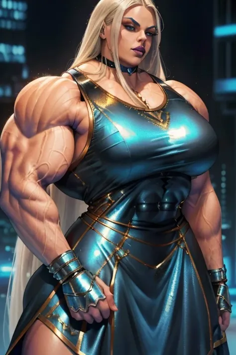 ((Close-up)), tall, (White hair) beautiful muscular woman, long straight hair, brown skinned, ((smirking)), (black lipstick), (massive muscles), (hyper muscle), ((ginormous bulky muscles)), blue eyes, ((((long metallic basketball jersey Dress)))), (Crystal...