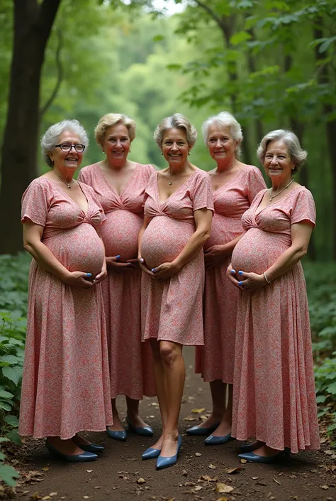 A real photograph of a group of stunningly beautiful older+ pregnant grandmothers with a thin bodies and huge monstrous tits. Their fingernails are perfectly manicured and are extremely long and painted blue,  they are standing in a garden. They have radia...