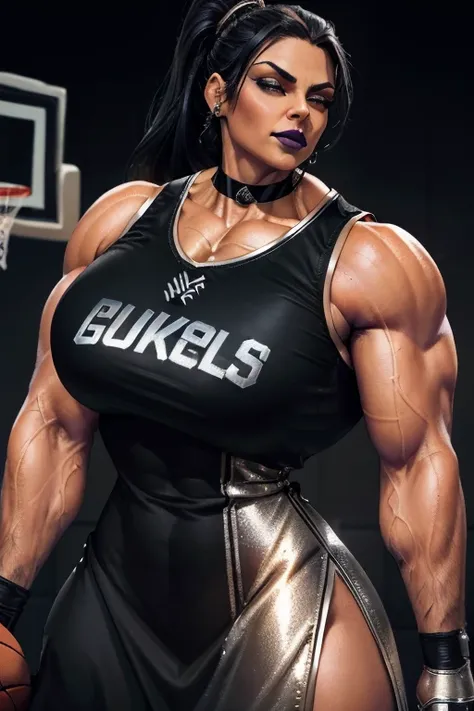 ((Close-up)), tall, (jet black hair) beautiful muscular woman, wavy ponytail, black skinned, ((smirking)), (black lipstick), (massive muscles), (hyper muscle), ((ginormous bulky muscles)), white eyes, ((((long metallic basketball jersey Dress)))), (Crystal...