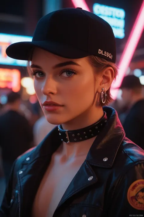 Close-up do rosto, alternative man , jacket, collar,  neon light reflections on the skin, earring,   skin imperfections ,  short hair, hat, neon light background , low light,  depth of field, highly detailed,  high contrast ,  movie grain ,  Edge lighting ...