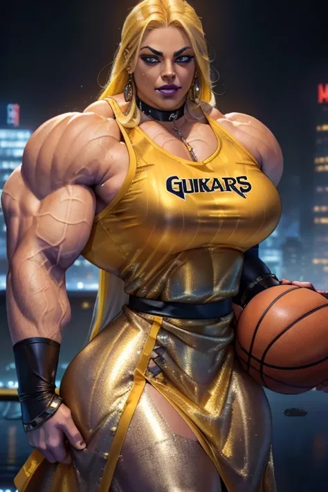 ((Close-up)), tall, (yellow hair) beautiful muscular latino woman, long hair, brown skinned, ((smirking)), (black lipstick), (massive muscles), (hyper muscle), ((ginormous bulky muscles)), gray eyes, ((((long metallic basketball jersey Dress)))), (Crystall...