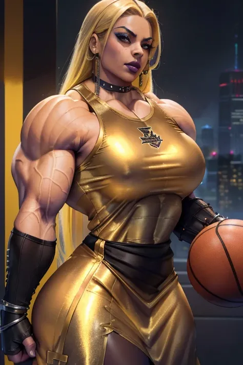 ((Close-up)), tall, (yellow hair) beautiful muscular latino woman, long hair, brown skinned, ((smirking)), (black lipstick), (massive muscles), (hyper muscle), ((ginormous bulky muscles)), gray eyes, ((((long metallic basketball jersey Dress)))), (Crystall...