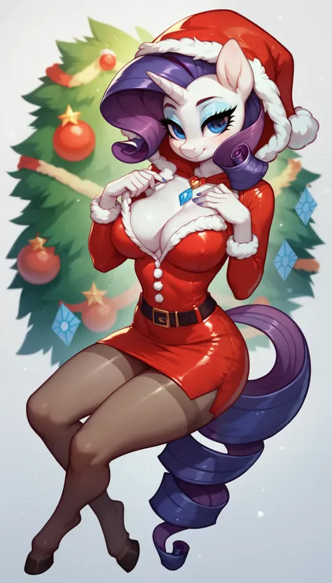 score_9, score_8_up, score_7_up, Rarity, mlp, anthro, 1girl, purple eyes, solo, two curly top hair with hair strands on the side, tight body suit pantyhose, soft breasts, cleavage, jewellery, 1girl, solo, Christmas, (hood with white fur), skirt, hooves, fu...