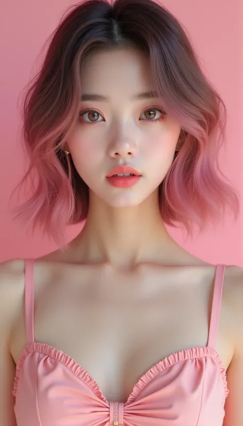 ,Beautiful Korean idol、bust up shot:1.6、(pink hair :1.6)、(Shortcuts:1.6), (fronts down), Make-up:1.5、Pink eye shadow :1.6、No tear pockets 、Tabletop:1.8、  Focus the light on your face :1.4、 Close up of face :1.4、( Wear a strapless camisole:1.2), Very beauti...