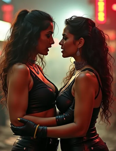 "The two evenly matched female bikers Sunita & Anju, equally plus-sized yet also equally big busted bold females, and also equally voluptuous beautiful women wearing extremely bold & tight biker attires confront each other face to face in extreme anger & j...